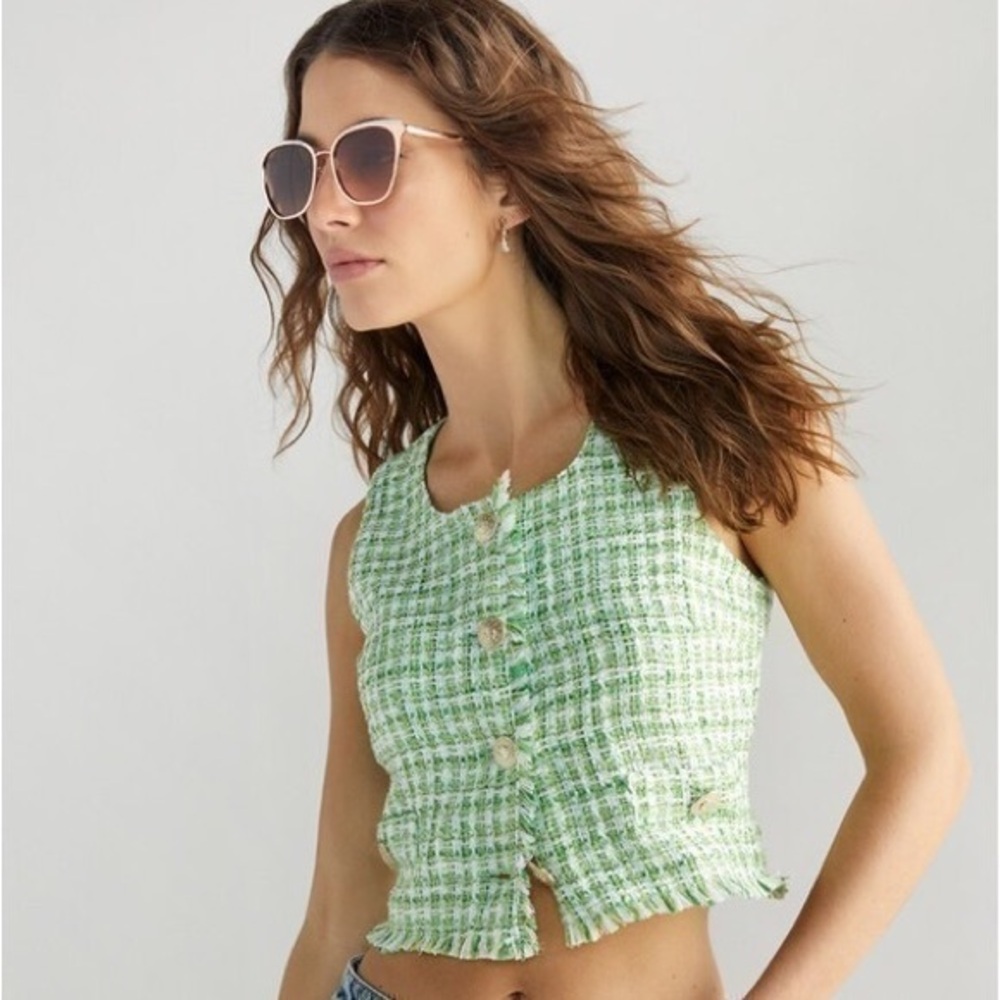 Francesca’s : Rachel Button Front Green Tweed Tank Top | Size XS | NWT 💚✨